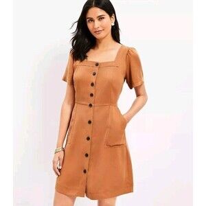 Loft Emory Square Neck Button Front Pocket Dress Size 6 Tan Brown MSRP$89